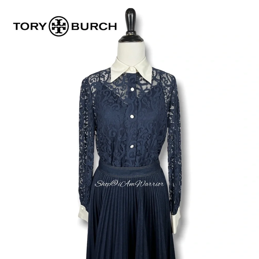 Tory Burch NWT navy lace blouse w/ ivory cuffs & collar with removable neck tie